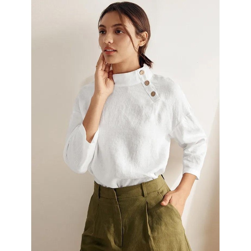 LINTICO Side Neck Linen Blouse S Mock Neck Button Top Lagenlook Boho Natural